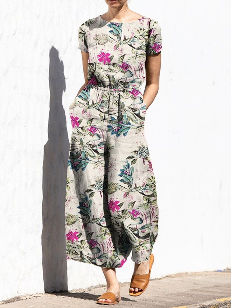 Plant Print Pocket Sash Rund Neck Kortärmad Jumpsuit I Bomull