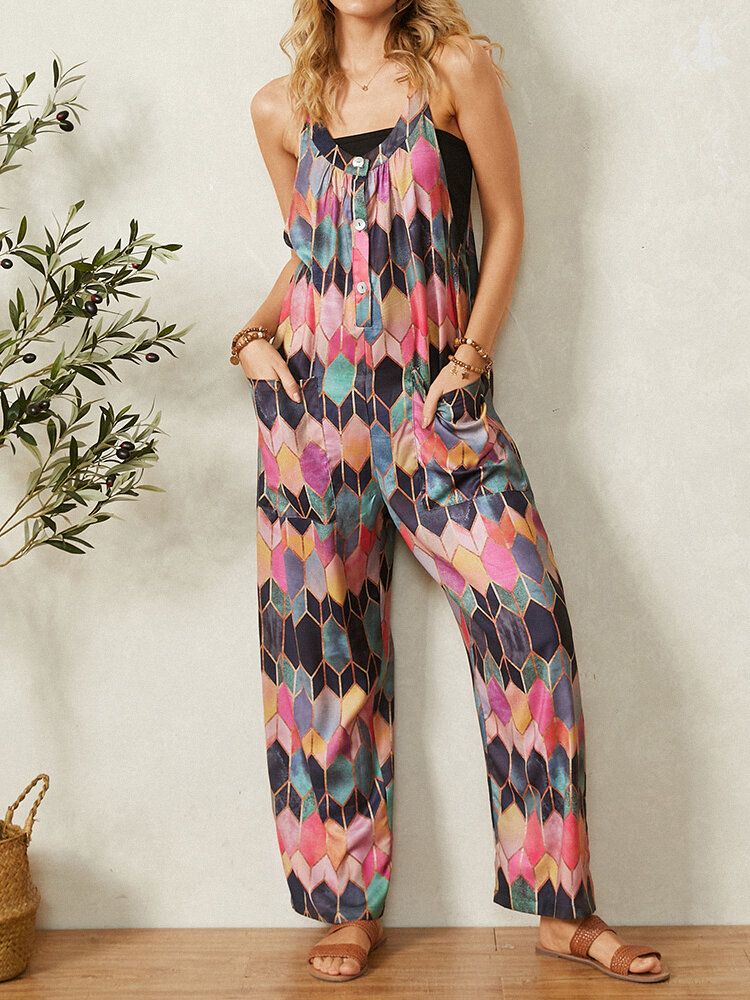 Retro Geometriska Tryckta Remmar Patchwork Jumpsuit Med Ficka