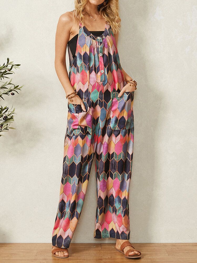 Retro Geometriska Tryckta Remmar Patchwork Jumpsuit Med Ficka