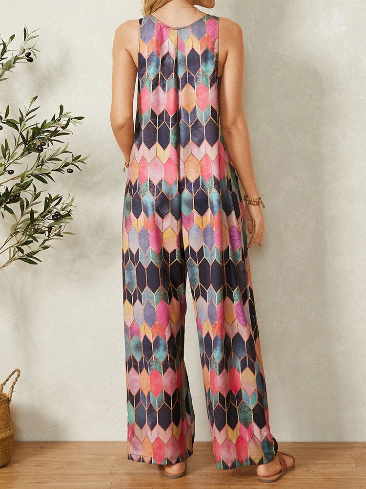 Retro Geometriska Tryckta Remmar Patchwork Jumpsuit Med Ficka