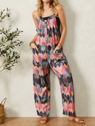 Retro Geometriska Tryckta Remmar Patchwork Jumpsuit Med Ficka