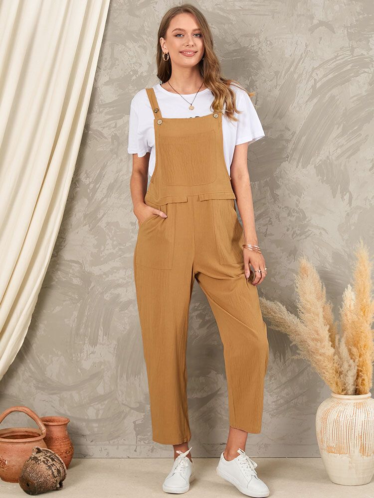 Solid Pocket Sleeveless Button Casual Jumpsuit För Kvinnor