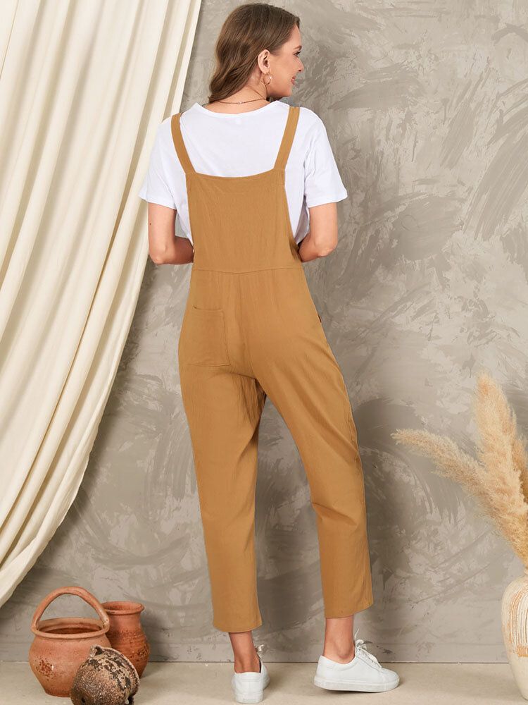 Solid Pocket Sleeveless Button Casual Jumpsuit För Kvinnor