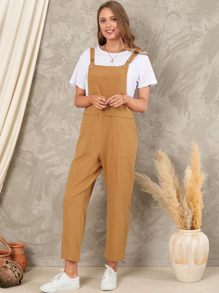 Solid Pocket Sleeveless Button Casual Jumpsuit För Kvinnor