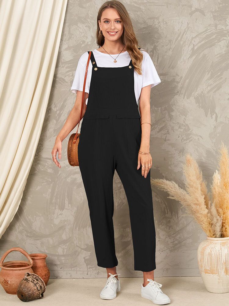 Solid Pocket Sleeveless Button Casual Jumpsuit För Kvinnor