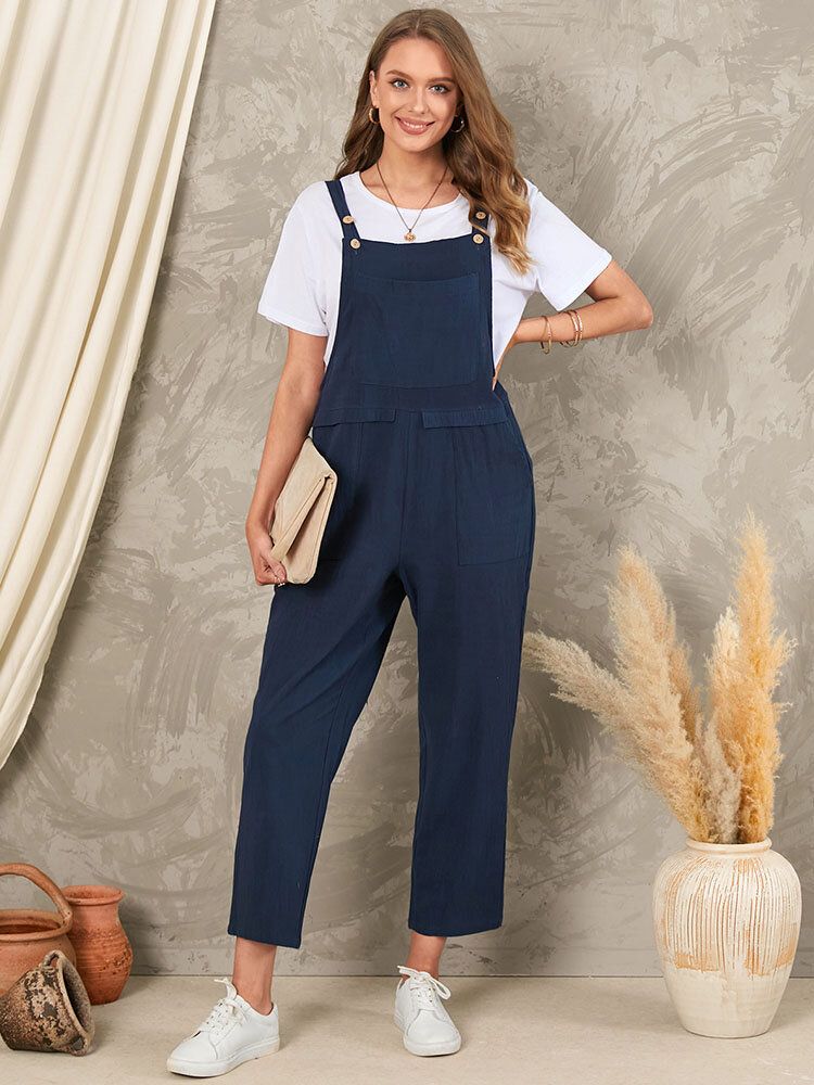 Solid Pocket Sleeveless Button Casual Jumpsuit För Kvinnor