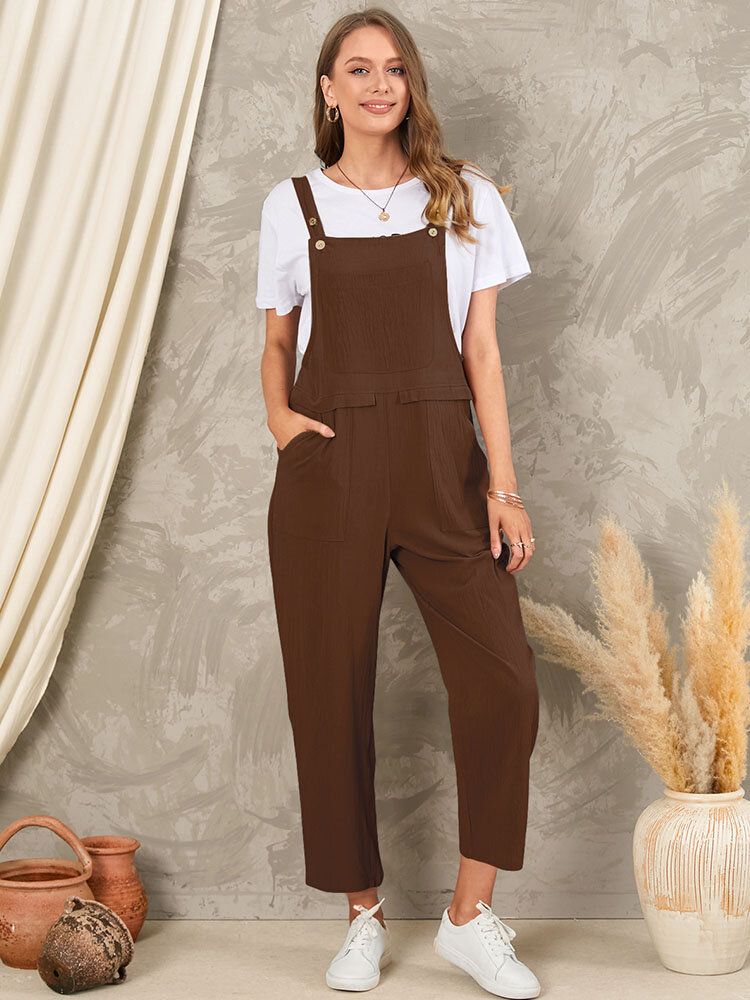 Solid Pocket Sleeveless Button Casual Jumpsuit För Kvinnor