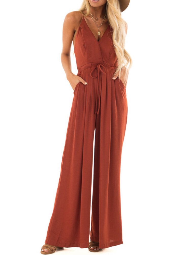 V-ringad Camisole Solid Elegant Jumpsuits