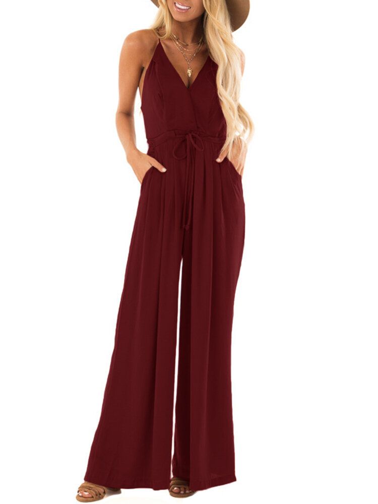 V-ringad Camisole Solid Elegant Jumpsuits