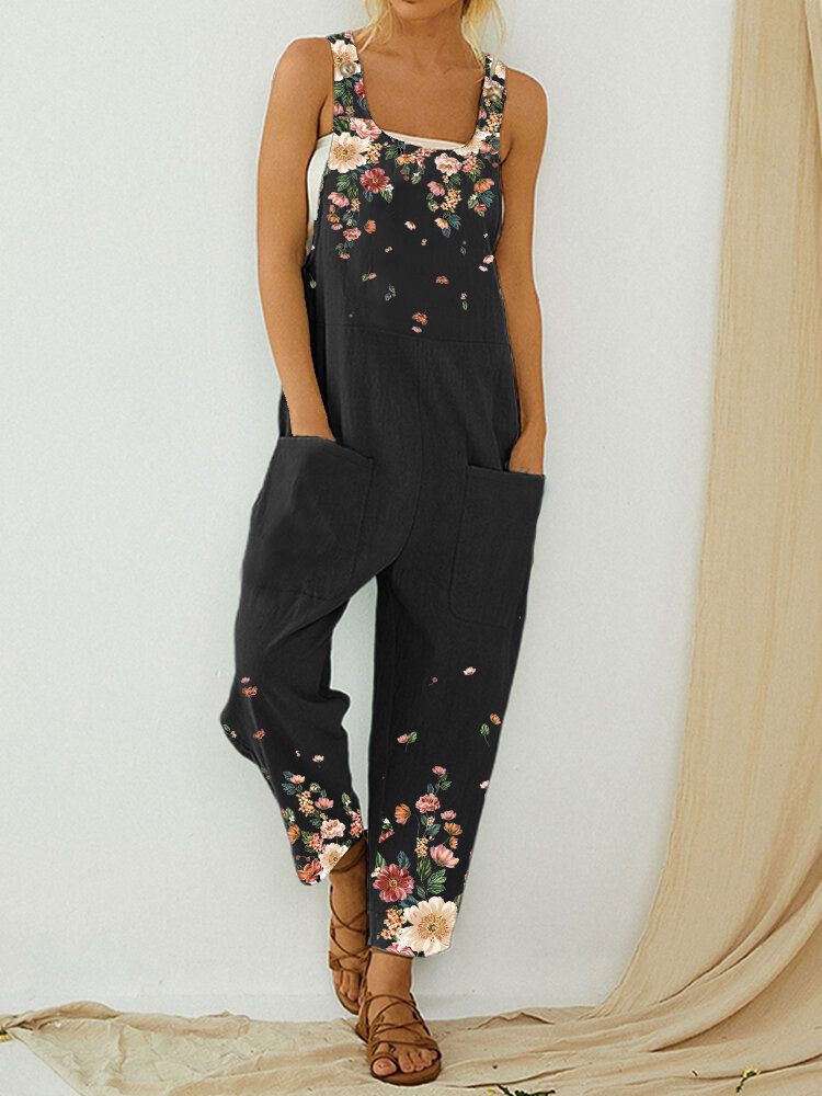 Vintage Floral Print Straps Patchwork Casual Jumpsuit Med Fickor För Kvinnor