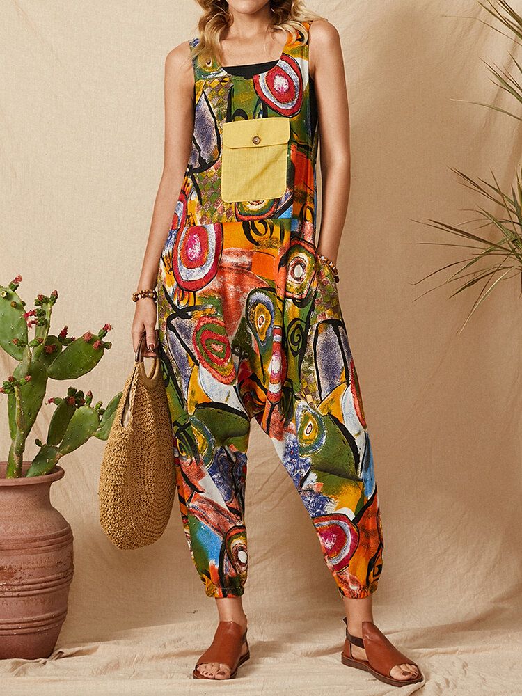 Vintage Graffiti Print Patchwork Strap Ärmlös Pocket Jumpsuit