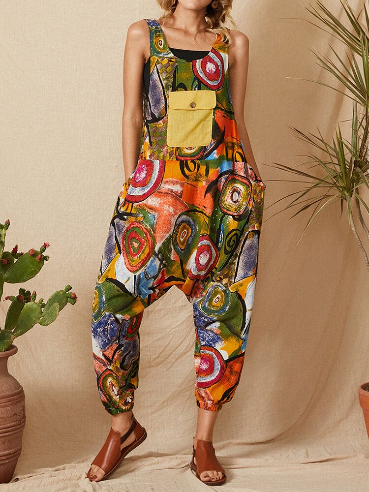 Vintage Graffiti Print Patchwork Strap Ärmlös Pocket Jumpsuit