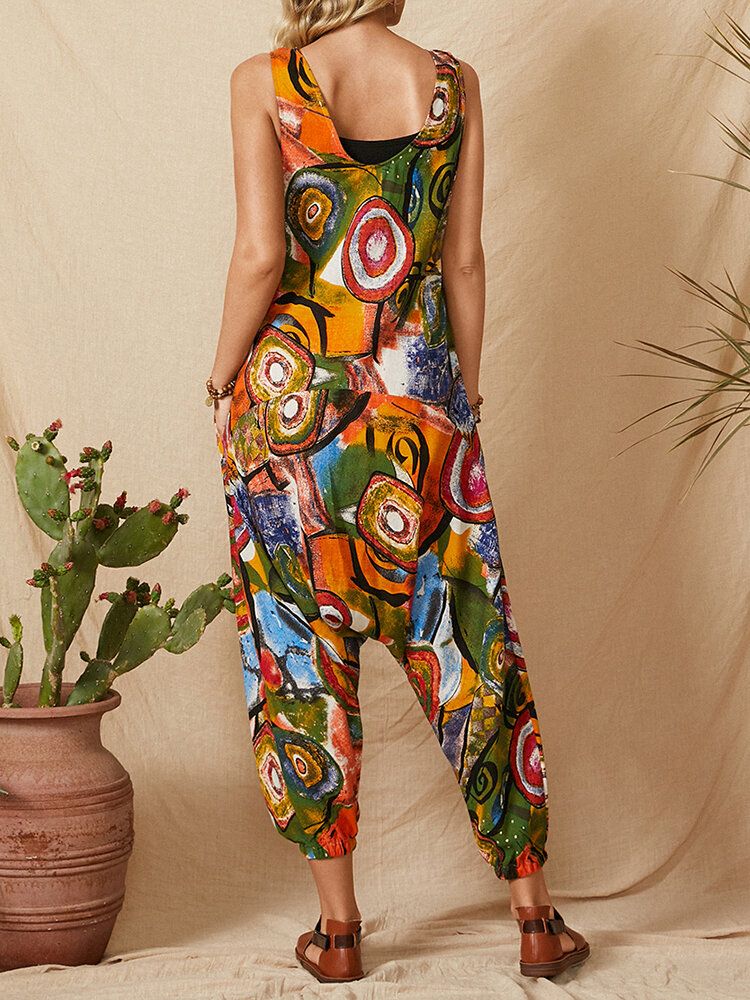 Vintage Graffiti Print Patchwork Strap Ärmlös Pocket Jumpsuit