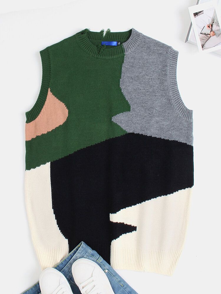 Irregular Color Block Ripped Crew Neck Stickade Casual Ärmlösa Västar För Män