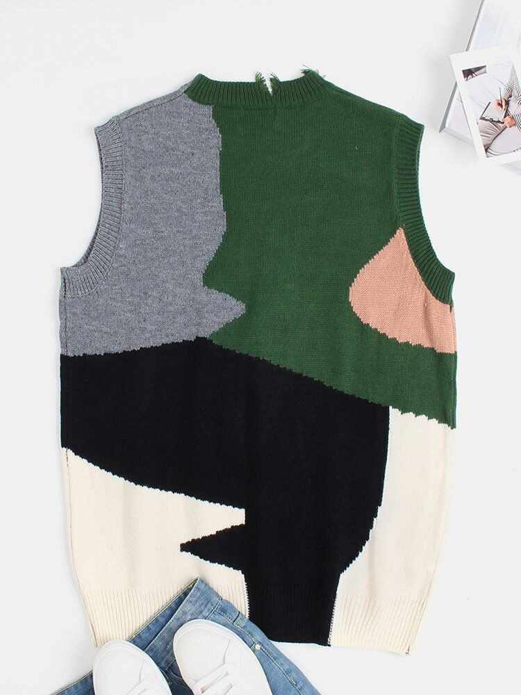 Irregular Color Block Ripped Crew Neck Stickade Casual Ärmlösa Västar För Män