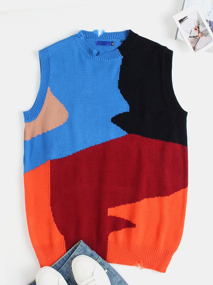 Irregular Color Block Ripped Crew Neck Stickade Casual Ärmlösa Västar För Män