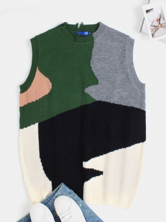 Irregular Color Block Ripped Crew Neck Stickade Casual Ärmlösa Västar För Män