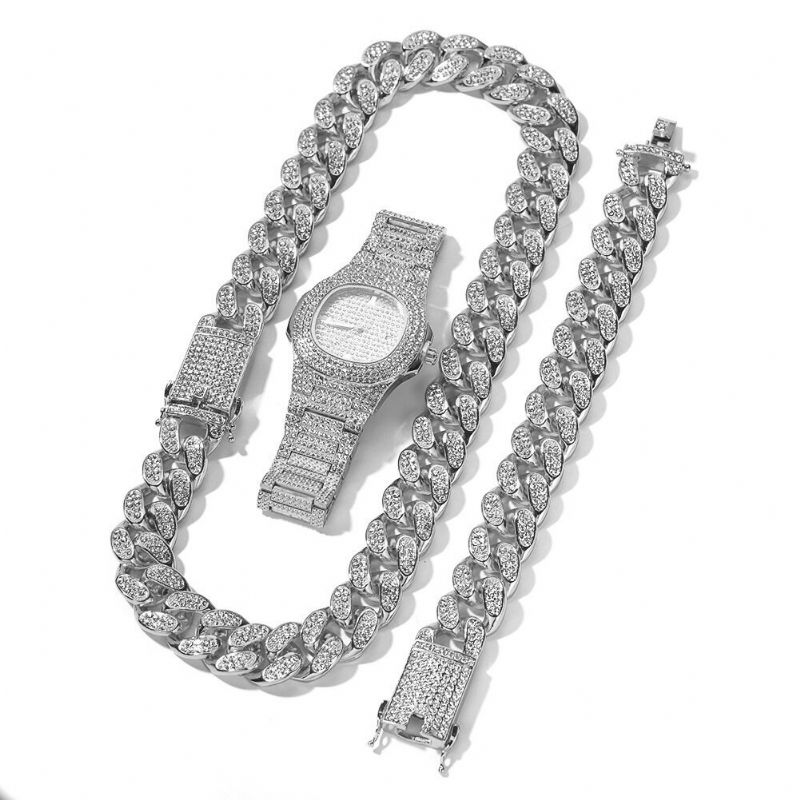 1/3 St Lyxiga Inlagda Strass Herrklocka Set Hip Hop Chain Halsband Armband