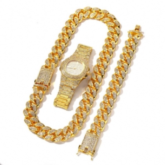 1/3 St Lyxiga Inlagda Strass Herrklocka Set Hip Hop Chain Halsband Armband