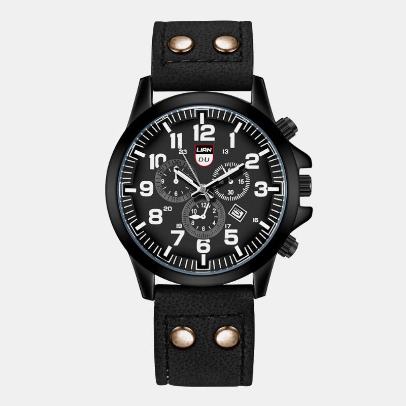 4 Färger Rostfritt Stål Män Casual Quartz Pu Läderbälte Militär Sport Three Eyes Calendar Watch