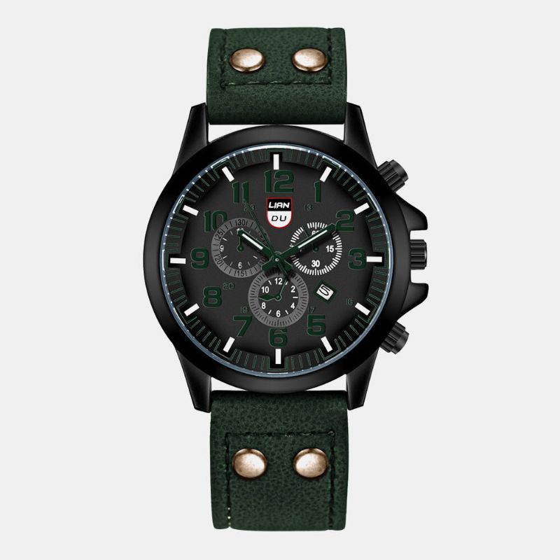 4 Färger Rostfritt Stål Män Casual Quartz Pu Läderbälte Militär Sport Three Eyes Calendar Watch