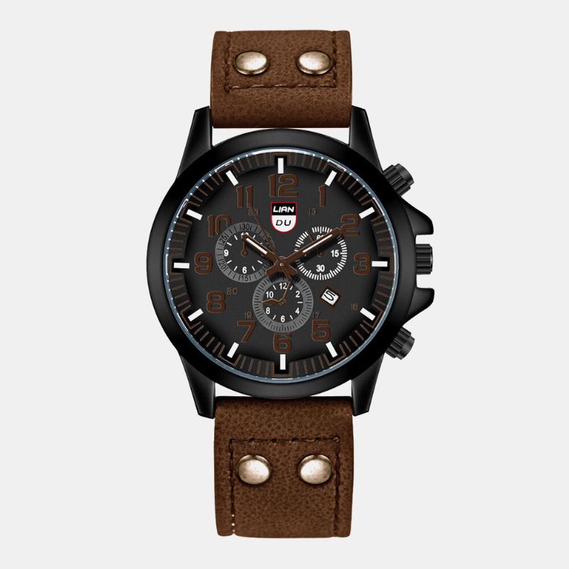 4 Färger Rostfritt Stål Män Casual Quartz Pu Läderbälte Militär Sport Three Eyes Calendar Watch