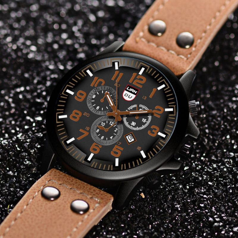 4 Färger Rostfritt Stål Män Casual Quartz Pu Läderbälte Militär Sport Three Eyes Calendar Watch