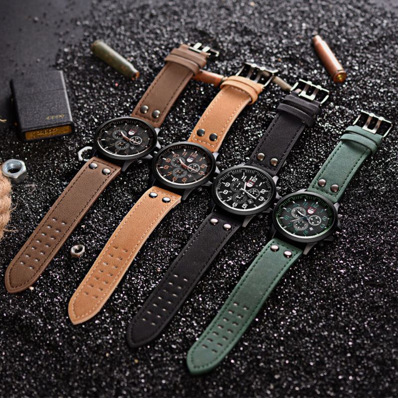 4 Färger Rostfritt Stål Män Casual Quartz Pu Läderbälte Militär Sport Three Eyes Calendar Watch