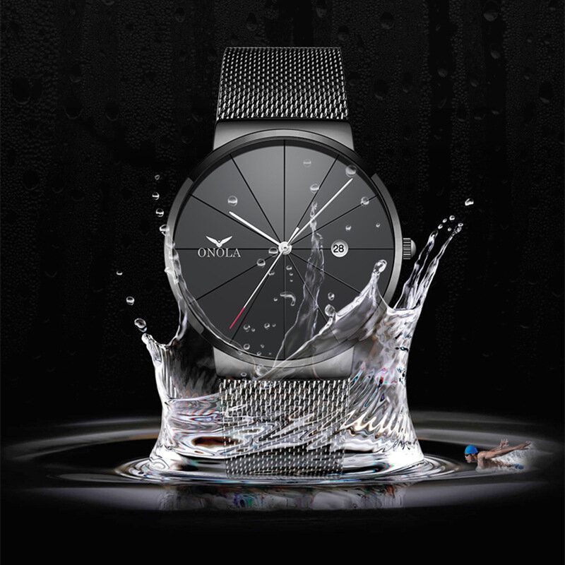 Business Casual Alloy Mesh Band Kalender Vattentät Herr Quartz Watch Armbandsur