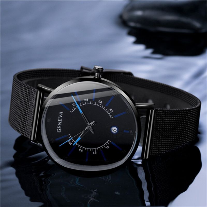 Business Casual Färgad Urtavla Med Kalenderlegering Mesh-rem Herr Quartz Watch