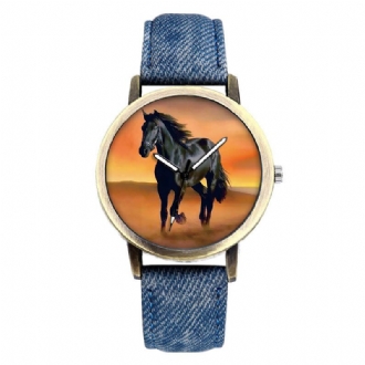 Casual Black Horse Desert Dial All-match Denim Armband Herr Quartz Watch Armbandsur