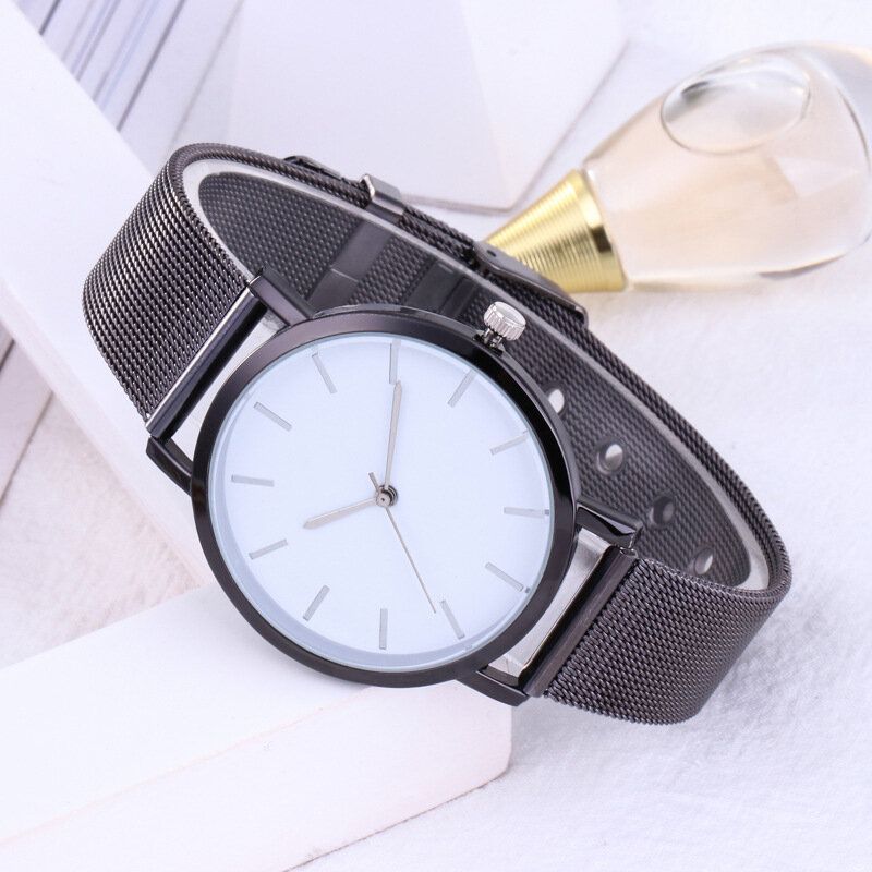 Casual Business Damklocka Full Legering Fodral Mesh Band No Number Dial Quartz Watch