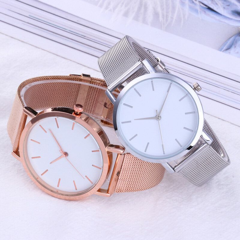 Casual Business Damklocka Full Legering Fodral Mesh Band No Number Dial Quartz Watch