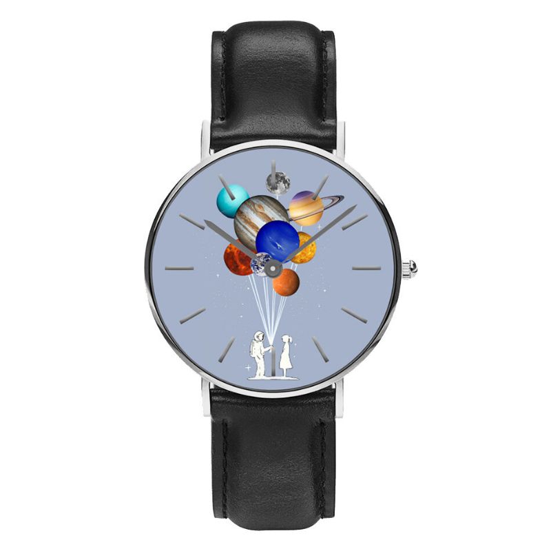 Casual Style Herrklocka Tecknad Astronaut Färgglad Planet Print Pu Läderrem Klockor Quartz Watches