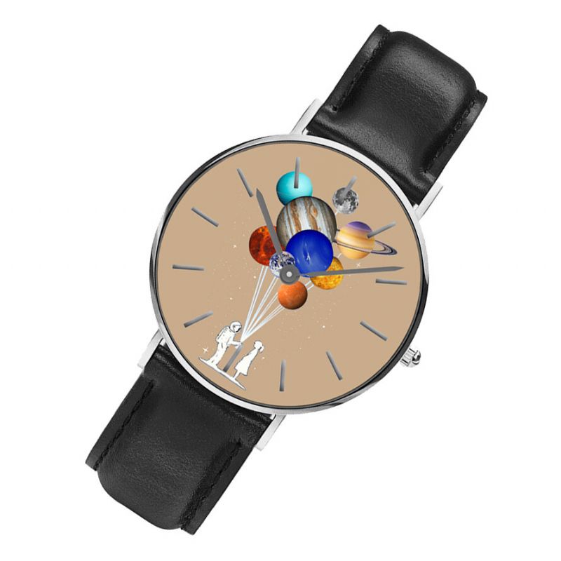 Casual Style Herrklocka Tecknad Astronaut Färgglad Planet Print Pu Läderrem Klockor Quartz Watches