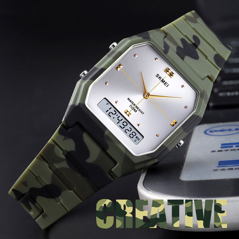 Casual Style Pu Band Dual Display Watch 5atm Vattentät Stoppur Damklocka