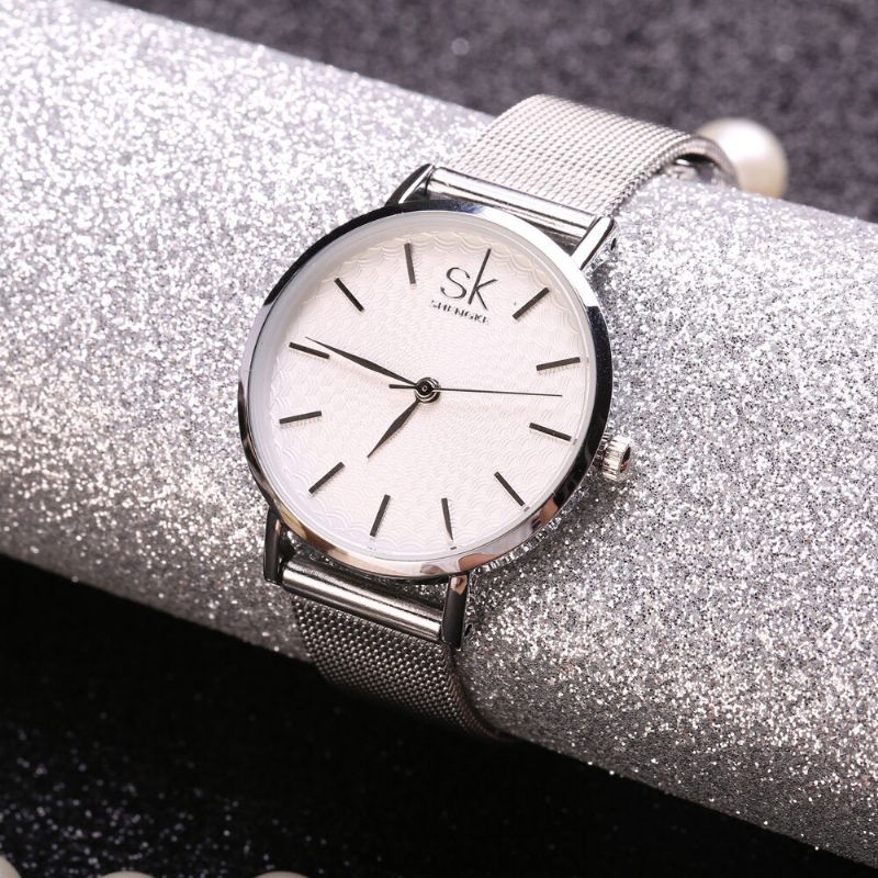 Casual Style Ultra Tunn Damarmbandsur Mesh Steel Band Quartz Watch