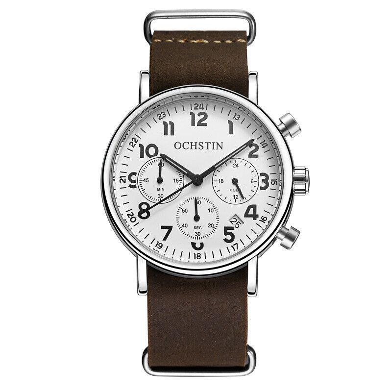 Chronograph Casual Style Herrarmbandsur Äkta Läderband Quartz Watch