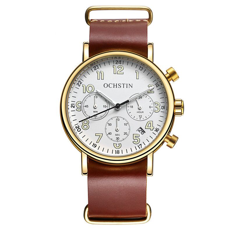 Chronograph Casual Style Herrarmbandsur Äkta Läderband Quartz Watch