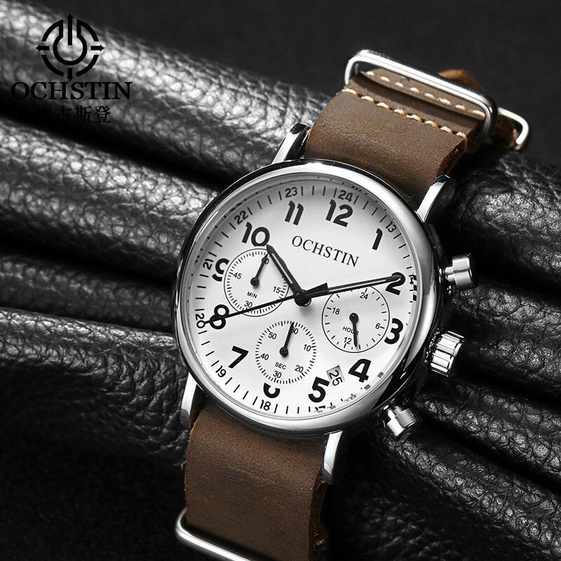 Chronograph Casual Style Herrarmbandsur Äkta Läderband Quartz Watch