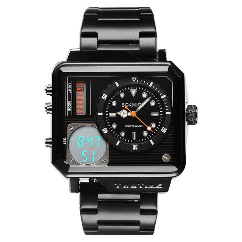 Creative Herr Digital Watch Large Dial Dual Time Zone Led Light Date Week Display Rostfritt Stål Armband Dual Display Watch