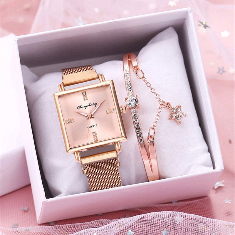 Dammode Klocka Set Kreativ Fyrkantig Urtavla Magnet Spänne Rostfritt Stål Mesh Band Dam Quartz Watch Elegant Armband