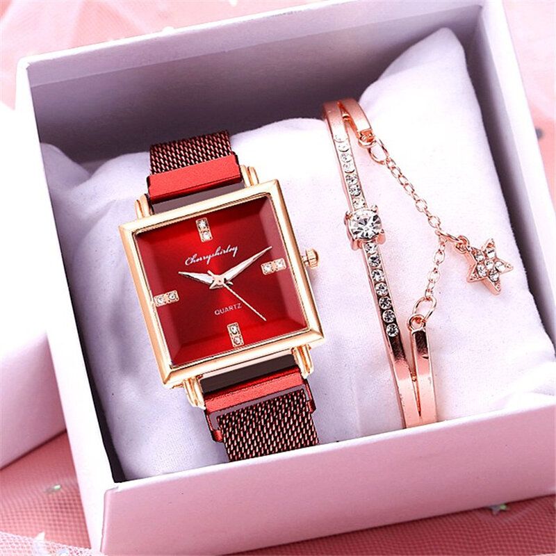 Dammode Klocka Set Kreativ Fyrkantig Urtavla Magnet Spänne Rostfritt Stål Mesh Band Dam Quartz Watch Elegant Armband