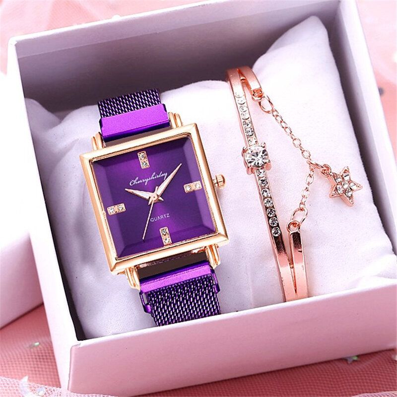 Dammode Klocka Set Kreativ Fyrkantig Urtavla Magnet Spänne Rostfritt Stål Mesh Band Dam Quartz Watch Elegant Armband