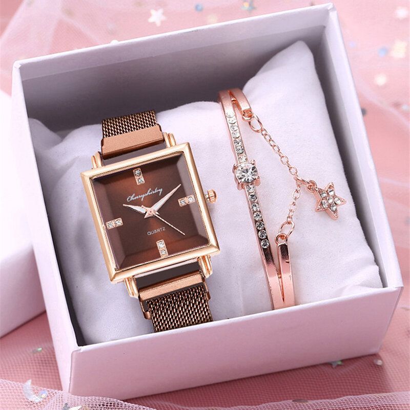 Dammode Klocka Set Kreativ Fyrkantig Urtavla Magnet Spänne Rostfritt Stål Mesh Band Dam Quartz Watch Elegant Armband