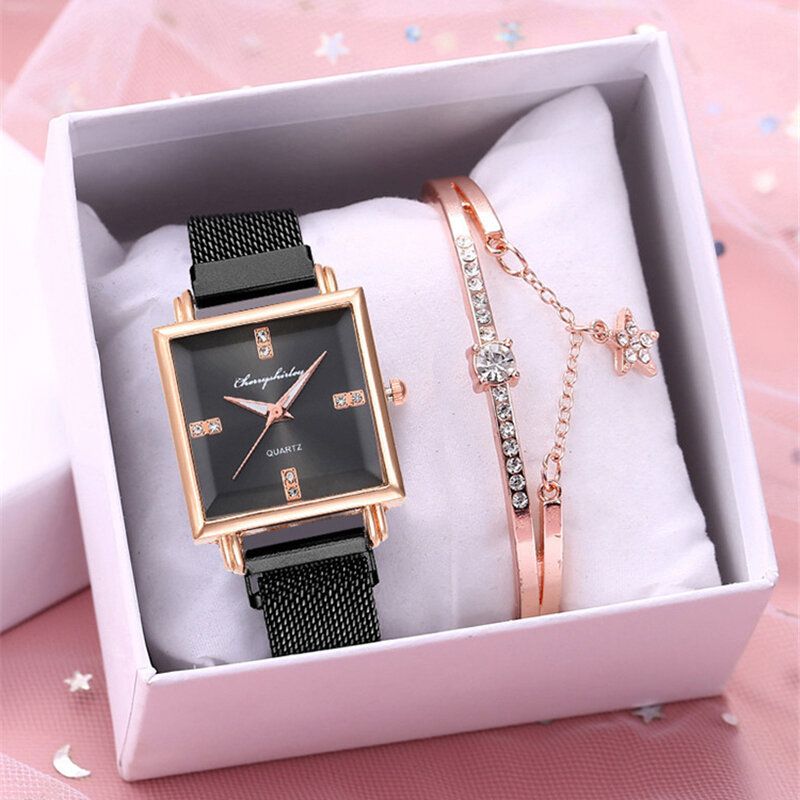 Dammode Klocka Set Kreativ Fyrkantig Urtavla Magnet Spänne Rostfritt Stål Mesh Band Dam Quartz Watch Elegant Armband