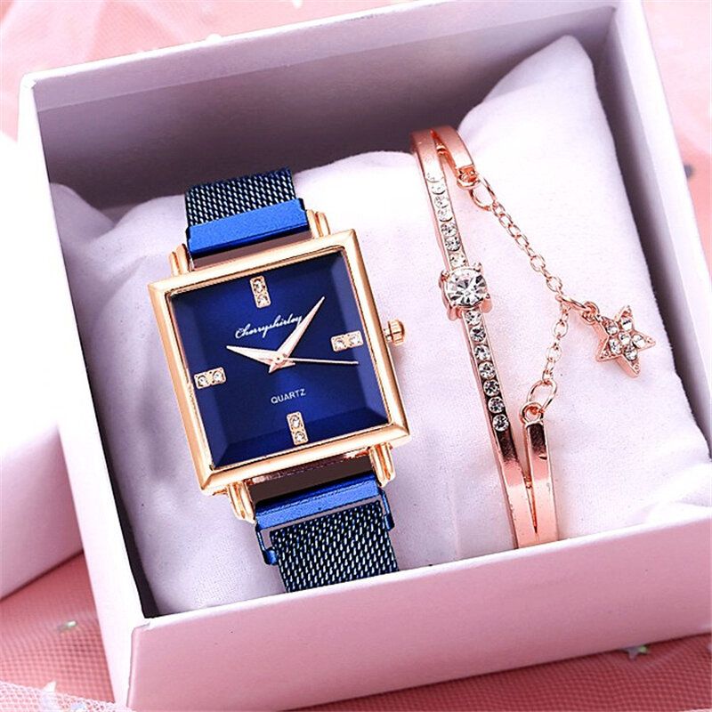 Dammode Klocka Set Kreativ Fyrkantig Urtavla Magnet Spänne Rostfritt Stål Mesh Band Dam Quartz Watch Elegant Armband