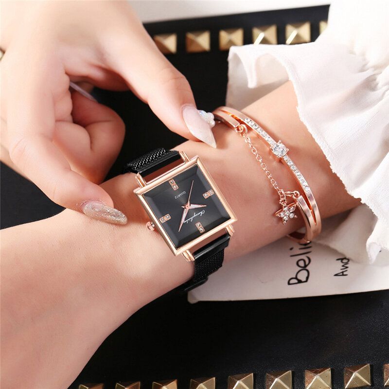 Dammode Klocka Set Kreativ Fyrkantig Urtavla Magnet Spänne Rostfritt Stål Mesh Band Dam Quartz Watch Elegant Armband