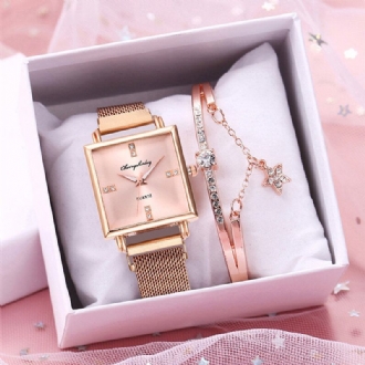 Dammode Klocka Set Kreativ Fyrkantig Urtavla Magnet Spänne Rostfritt Stål Mesh Band Dam Quartz Watch Elegant Armband