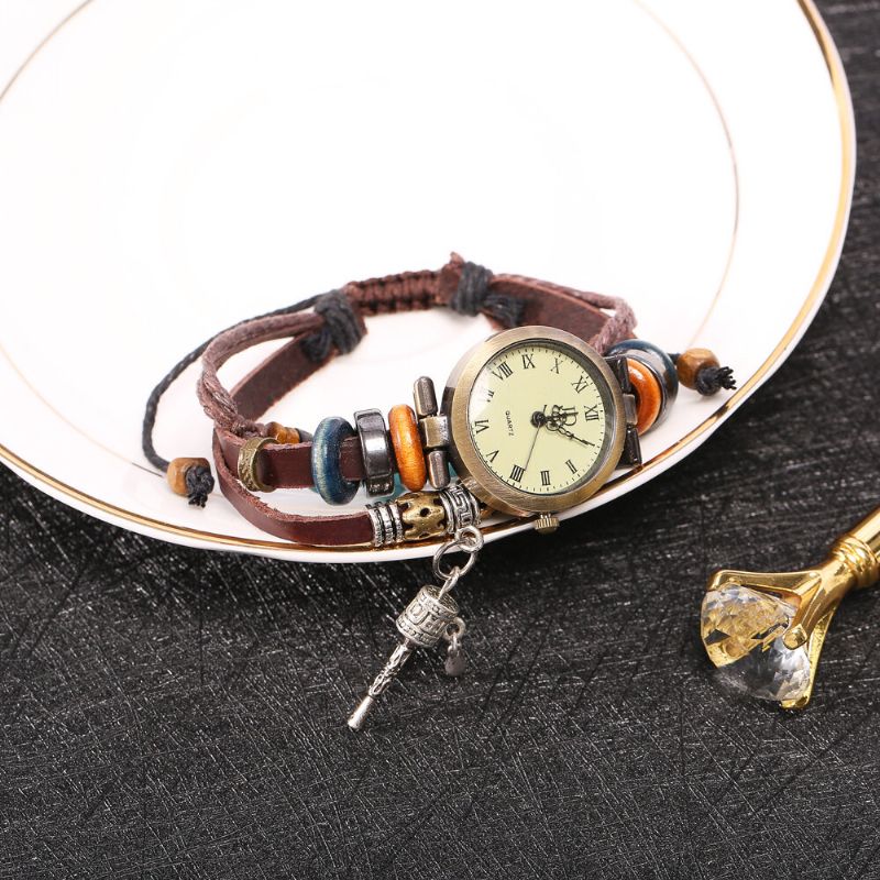 Deffrun Retro Style Dam Armband Watch Beads Eiffel Tower Pendant Quartz Watch